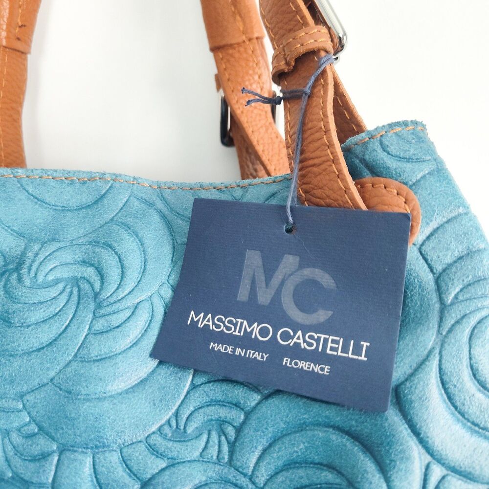 New Massimo Castelli Shoulder Bag Rose Textured Leather Convertible Teal Tan Bag - Picture 2 of 14